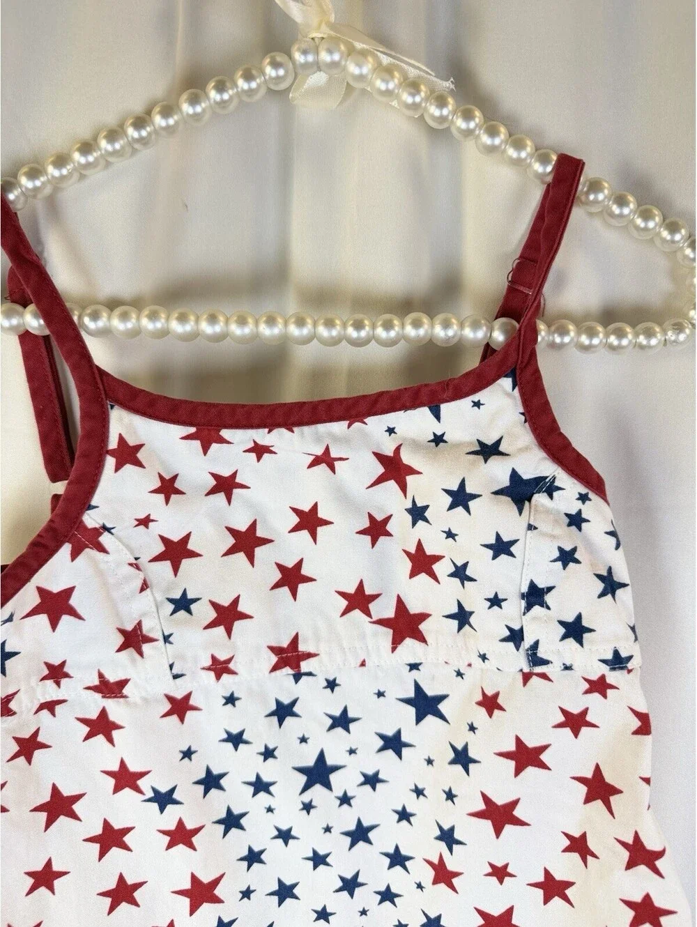 OLD NAVY GIRLS DRESS, BLUE/RED STARS ON WHITE/ RED TRIM, THIN STRAPS, SUNDRESS 5
